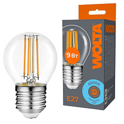 Светодиодная лампа WOLTA Filament, AC 220-240В, 50/60 Гц,  прозрачное стекло, "Шар" G45 E27, 9 Вт 810 лм, 6500 К, 1/10/100 WF-G45-9W6KE27