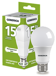 Лампа светодиодная A60 груша 15Вт 230В 4000К E27 GENERICA LL-A60-15-230-40-E27-G