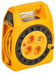 INDUSTRIAL Катушка УК15 3 места с заземлением с термозащитой 3х1,5мм2 с USBх2 с LED-подсветкой 15м IEK IN-KP24-16-03-15-UL