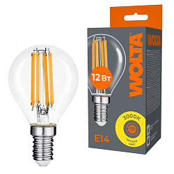 Светодиодная лампа WOLTA Filament, AC 220-240В, 50/60 Гц, прозрачное стекло, "Шар", G45, E14, 12 Вт, 1050 лм, 3000 К, 1/10/100 WF-G45-12W3KE14