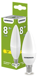 Лампа светодиодная C35 свеча 8Вт 230В 3000К E14 GENERICA LL-C35-08-230-30-E14-G