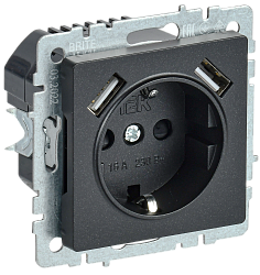 BRITE Розетка 1-местная с заземлением с защитными шторками 16А с USB A+A 5В 3,1А РЮш10-2-БрЧ черный IEK BR-R14-16-U21-D31-K02