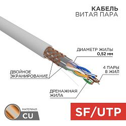 Кабель витая пара SF/UTP, CAT 5e, PVC, 4PR, 24AWG, INDOOR, SOLID, серый, 305м, REXANT 01-0342