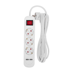 Удлинитель STANDARD 3 гнезда, 3м, 3х1,0мм², с/з, с выключателем, 2 USB, белый REXANT 13-4016