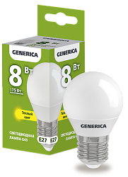 Лампа светодиодная G45 шар 8Вт 230В 3000К E27 GENERICA LL-G45-08-230-30-E27-G