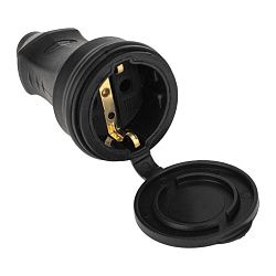Розетка переносная с крышкой влагозащищенная 2P+PE 230V 16А IP54, каучук, черная DY-01-01-005