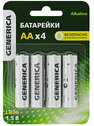 Батарейка щелочная Alkaline LR06/AA (4шт/блистер) GENERICA ABT-LR06-ST-L04-G