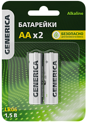 Батарейка щелочная Alkaline LR06/AA (2шт/блистер) GENERICA ABT-LR06-ST-L02-G