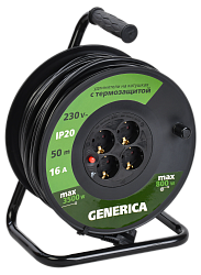 Катушка УК50 с термозащитой 4 места 2P+PE/50м 3х1,5мм2 GENERICA WKP20-16-04-50-G