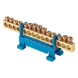 Шина "0" N (6x9мм) 14 отв. латунь синий изолятор тип "Стойка" на DIN-рейку розн. стикер EKF sn0-63-14-sb-r