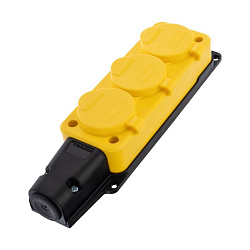 Розетка (колодка) влагозащищенная с крышкой 3 гнезда, с/з, 16А, IP54, каучук, желтая REXANT 111-126