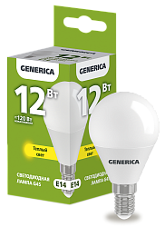 Лампа светодиодная G45 шар 12Вт 230В 3000К E14 GENERICA LL-G45-12-230-30-E14-G