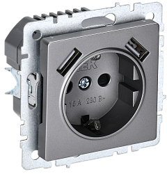 BRITE Розетка 1-местная с заземлением с защитными шторками 16А с USB A+A 5В 2,1А РЮш10-1-БрС сталь IEK BR-R14-16-U21-D21-K46