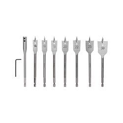 Набор сверл перовых по дереву 9 предметов: 14-16-18-20-22-25-30х152 мм, удлинитель, ключ угловой Kranz KR-91-0762