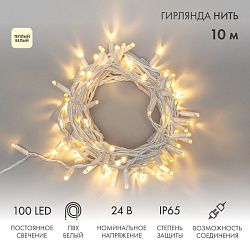 Гирлянда светодиодная Нить 10м 100 LED ТЕПЛЫЙ БЕЛЫЙ IP65 белый ПВХ постоянное свечение 24В соединяется NEON-NIGHT нужен транс-ор 531-100/531-311/531-3 305-136