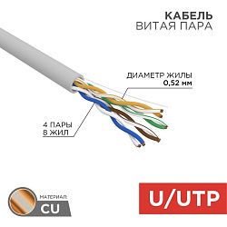 Кабель витая пара, U/UTP, CAT 5e, ZH нг(А)-HF, 4х2х0,52мм, 24AWG, INDOOR, SOLID, серый, 305м REXANT PRO 02-0004