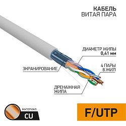 Кабель витая пара F/UTP, CAT 5, PVC, 4PR, 26AWG, INDOOR, SOLID, серый, 305м PROconnect Light 01-0148