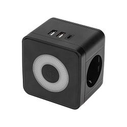 Двойник электрический Куб 16А с/з + 2хUSB-A 2,4А + USB Type-C 3А с ночной подсветкой, черный REXANT 11-1252
