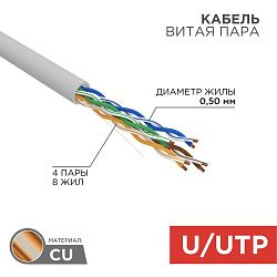 Кабель витая пара U/UTP, CAT 5e, PVC, 4PR, 24AWG, INDOOR, SOLID, серый, 50м, REXANT 01-0043-50
