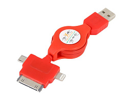 USB кабель-рулетка 3 в 1 для iPhone 5/microUSB/iPhone 4 красный 18-4055