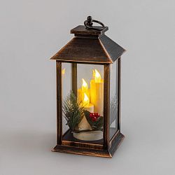 Декоративный фонарь со свечкой и шишкой, бронзовый корпус, размер 14x14x27 см, цвет теплый белый 513-048