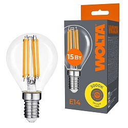 Светодиодная лампа WOLTA Filament, AC 220-240В, 50/60 Гц, прозрачное стекло, "Шар", G45, E14, 15 Вт, 1200 лм, 3000 К, 1/10/100 WF-G45-15W3KE14