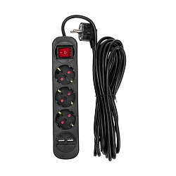 Удлинитель STANDARD 3 гнезда, 5м, 3х1,0мм², с/з, с выключателем, 2 USB, черный REXANT 13-4023