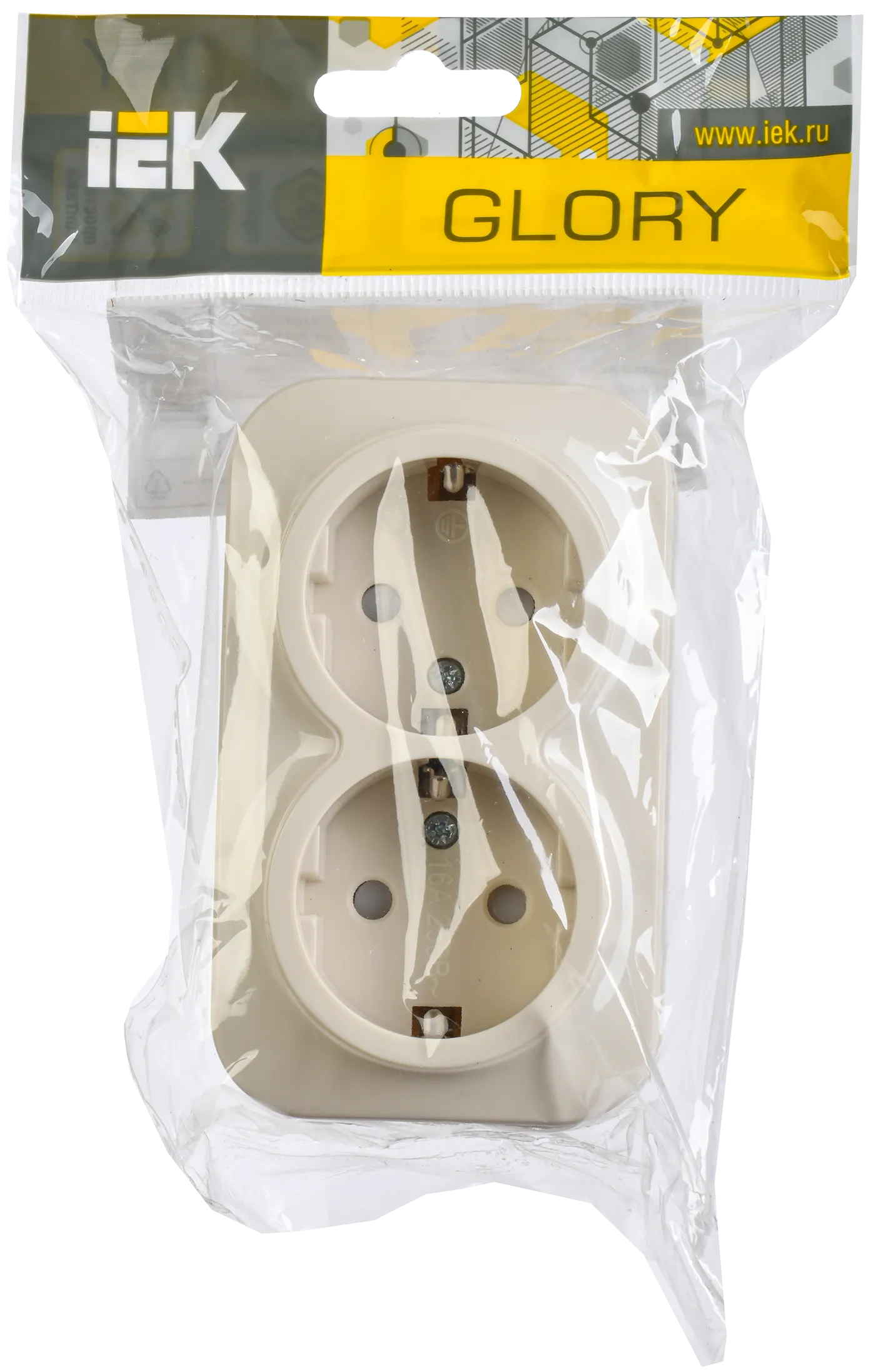 GLORY Розетка 2-местная для открытой установки с заземлением с защитными шторками 16А РСш22-3-ХК кремовый IEK - Фото 2