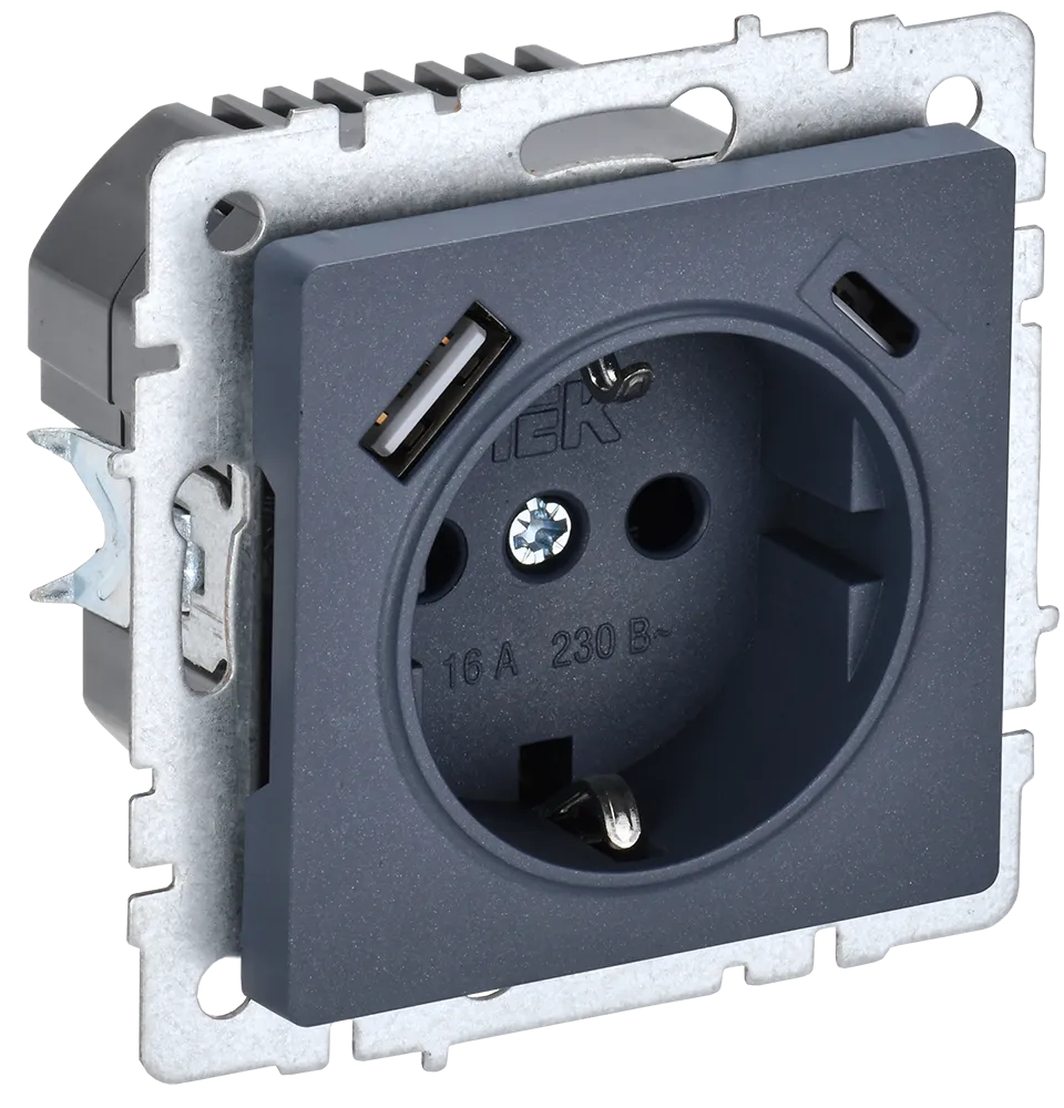 BRITE Розетка 1-местная с заземлением с защитными шторками 16А с USB A+C 18Вт РЮш11-1-БрМ маренго IEK
