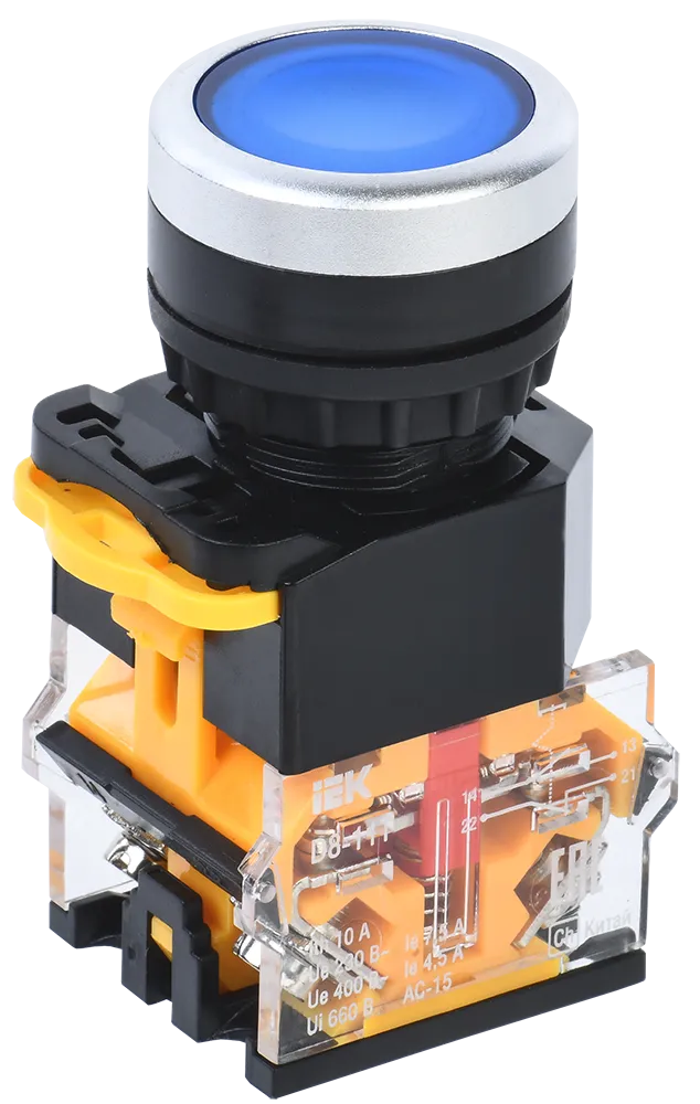 Кнопка управления D8-11T d=22мм 1з+1р с фиксацией синяя IEK