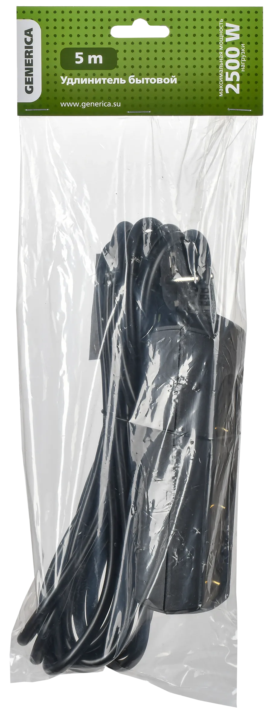 Удлинитель У03 3 места с заземлением 5м 3х1мм2 10А/250В черный GENERICA - Фото 2