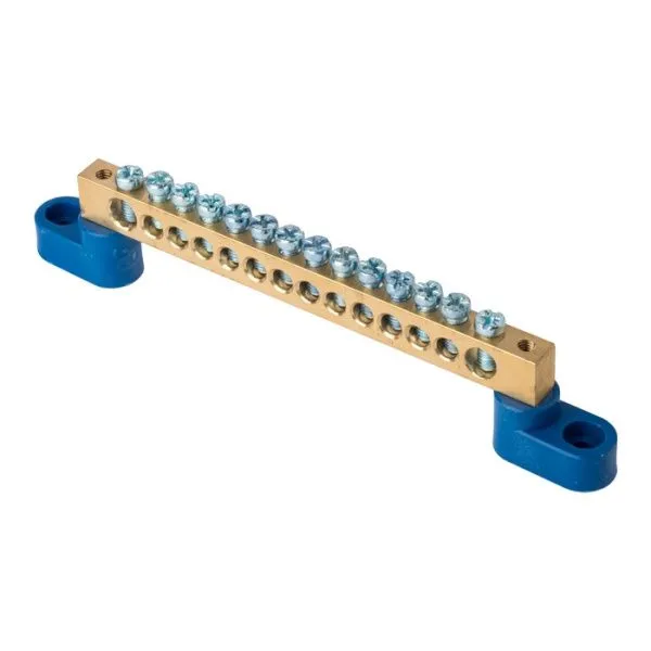 Шина "0" N (8x12мм) 14 отв. латунь 2 синих угловых изолятора EKF