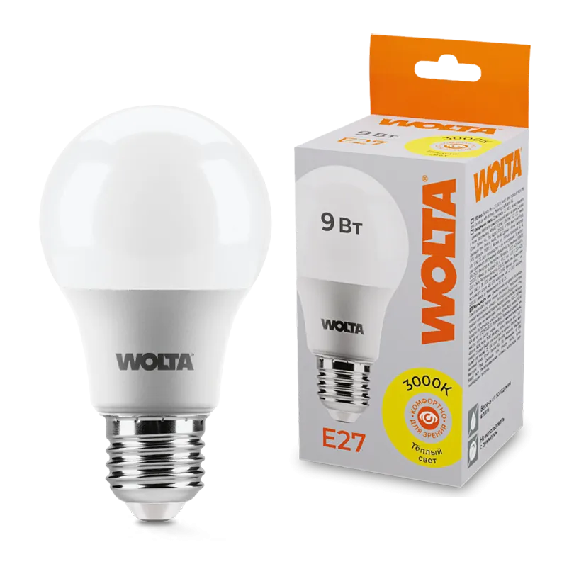 Светодиодная лампа  WOLTA 25Y60BL9E27 "Груша" A60 9Вт 800лм 3000К Е27 1/50
