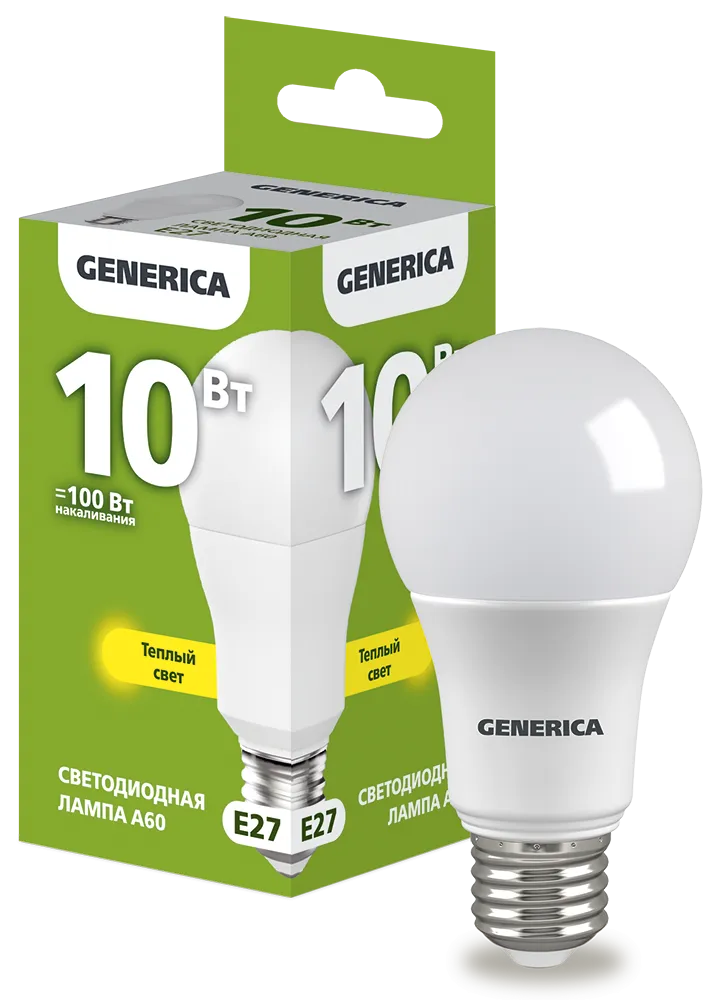 Лампа светодиодная A60 груша 10Вт 230В 3000К E27 GENERICA