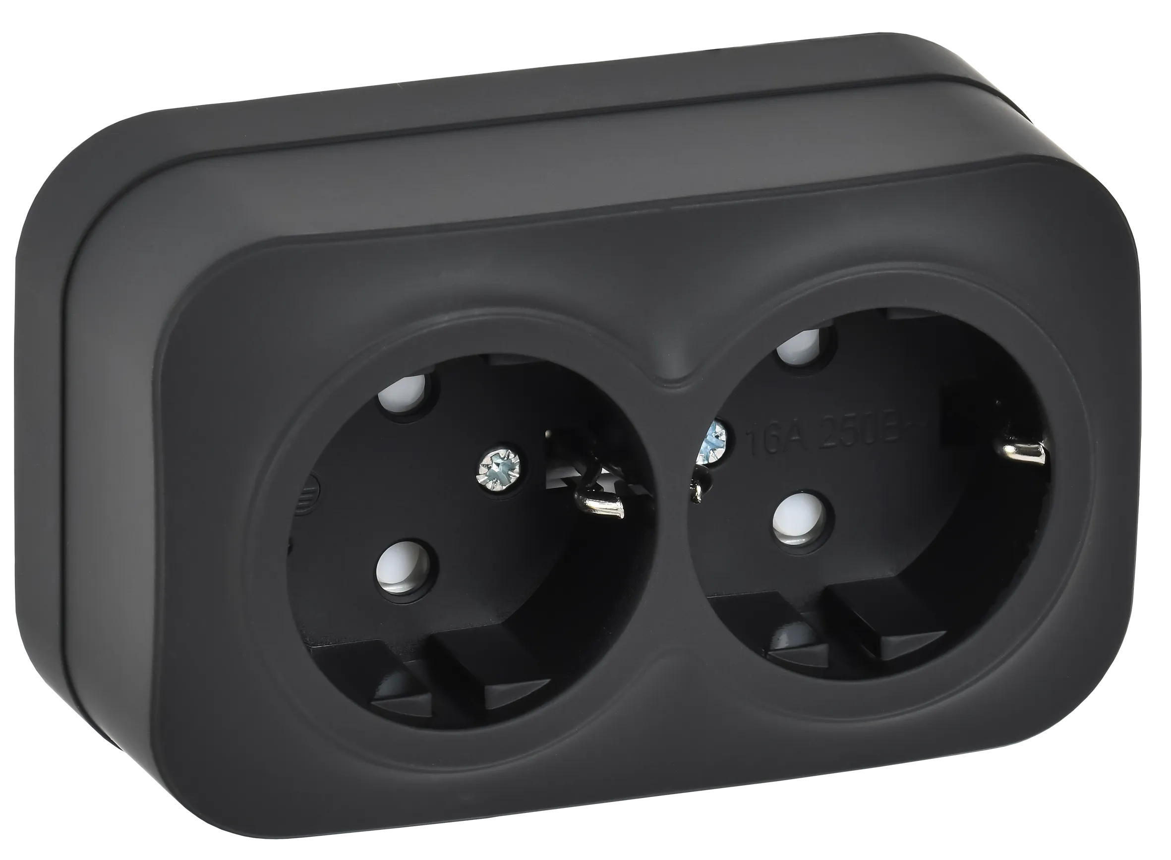 GLORY Розетка 2-местная для открытой установки с заземлением с защитными шторками 16А РСш22-3-ХЧм черный матовый IEK ERH24-K02M-16