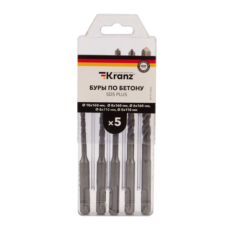 Набор буров по бетону 5-6х110х50, 6-8-10х160х100мм, 5 шт, в пластиковой коробке SDS PLUS KRANZ - Фото 2