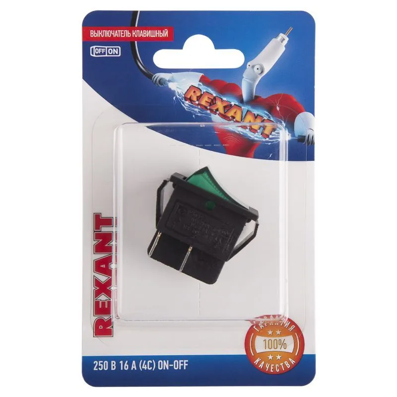 Выключатель клавишный 250V 16А (4с) ON-OFF зеленый  с подсветкой (RWB-502, SC-767, IRS-201-1)  REXANT (в упак. 1шт.) 06-0304-B