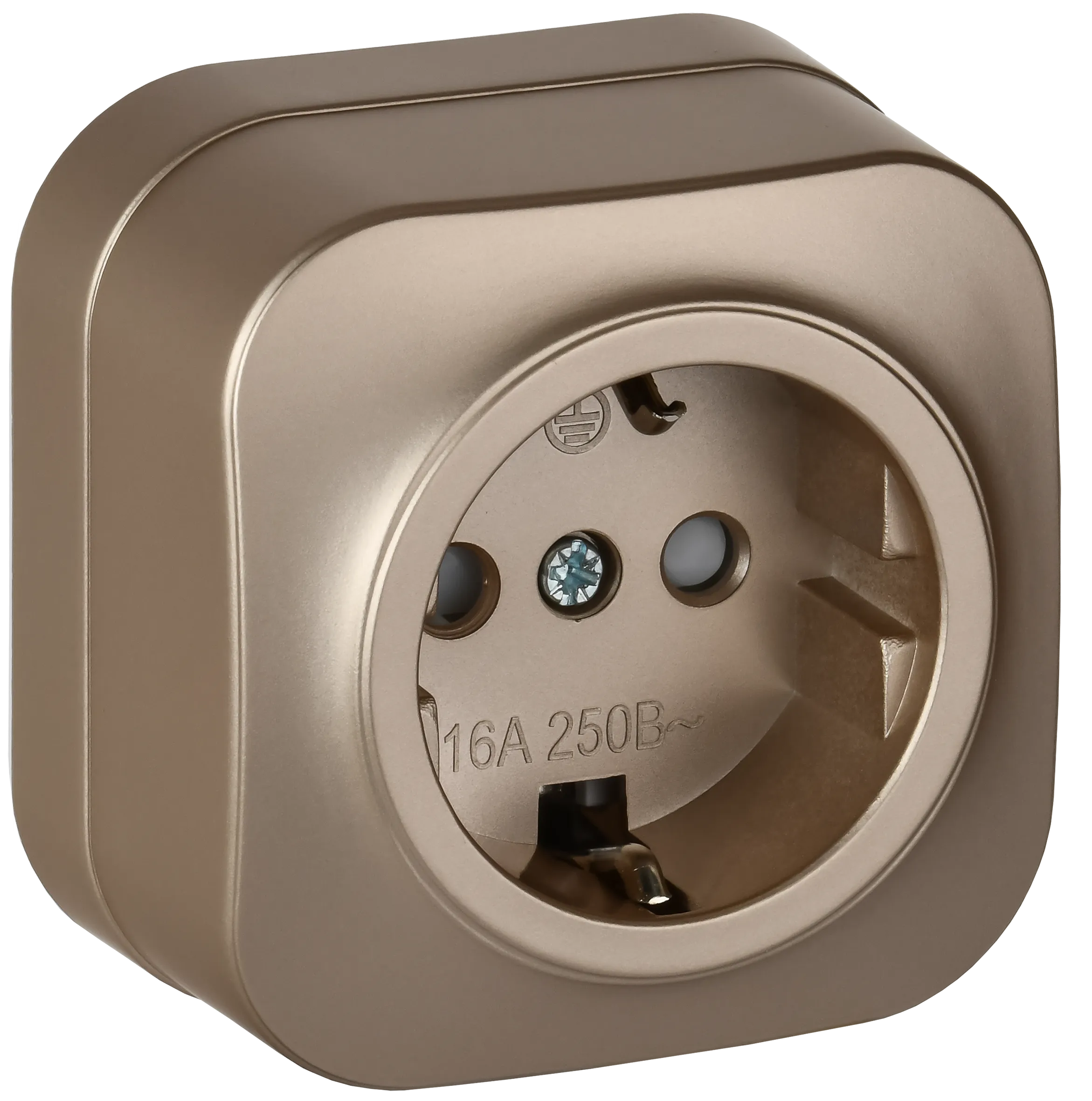 GLORY Розетка 1-местная для открытой установки с заземлением с защитными шторками 16А РСш20-3-ХШм шампань матовый IEK ERH14-K37M-16