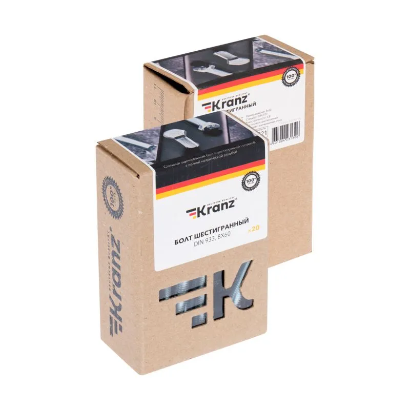Болт шестигранный DIN 933, 8х60 короб (20 шт/уп) KRANZ - Фото 3