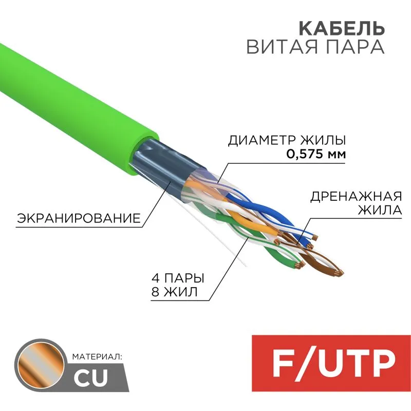 Кабель витая пара F/UTP, CAT 6, нг(А)-LSLTx, 4х2х0,575мм, 23AWG, INDOOR, SOLID, зеленый, 305м REXANT