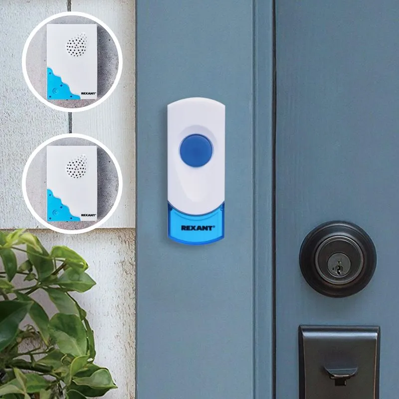Беспроводной дверной звонок с двумя вызывными панелями 32 мелодии 100м кнопка IP44 (белый/синий) REXANT RX-5 - Фото 2
