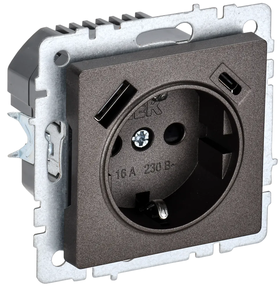 BRITE Розетка 1-местная с заземлением с защитными шторками 16А с USB A+C 18Вт РЮш11-1-БрТБ темная бронза IEK