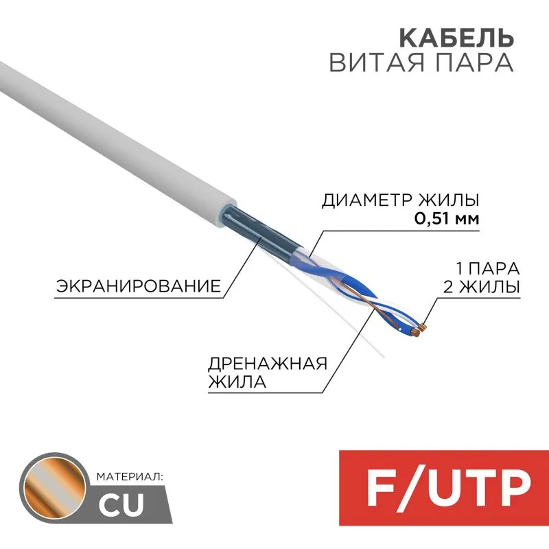 Кабель витая пара F/UTP, CAT 5e, PVC, 1PR, 24AWG, INDOOR, SOLID, серый, 305м, REXANT 01-0120