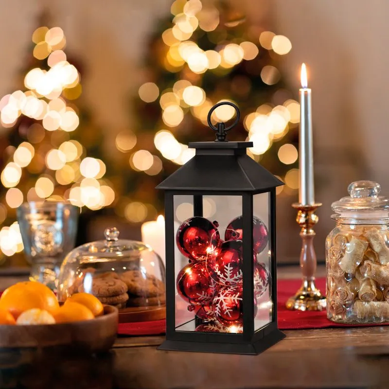 Декоративный фонарь с шариками, черный корпус, размер 14х14х27 см, цвет теплый белый - Фото 2