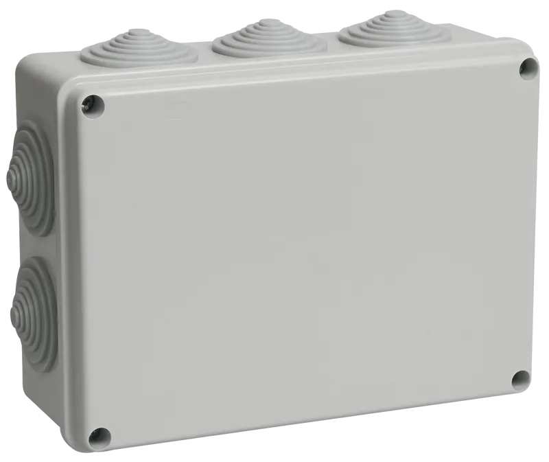 Коробка распаячная КМ41243 для открытой проводки безгалогенная (HF) 190х140х70мм IP44 10 гермовводов серая IEK