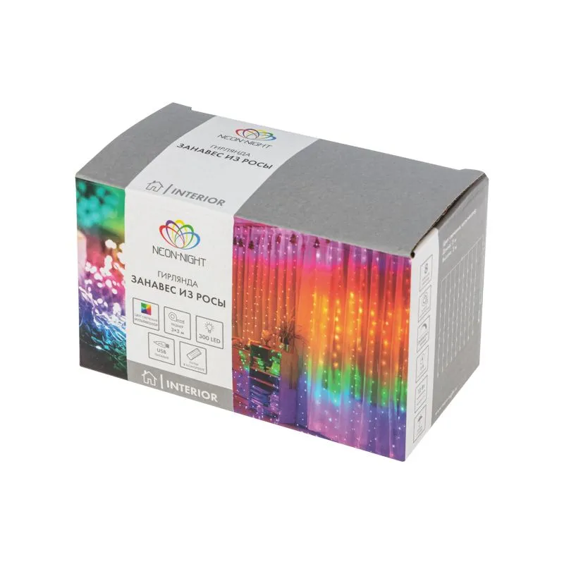 Гирлянда Светодиодный занавес из росы 3х3м 300 LED МУЛЬТИКОЛОР IP20 USB + пульт управления, с крючками для крепления NEON-NIGHT - Фото 3