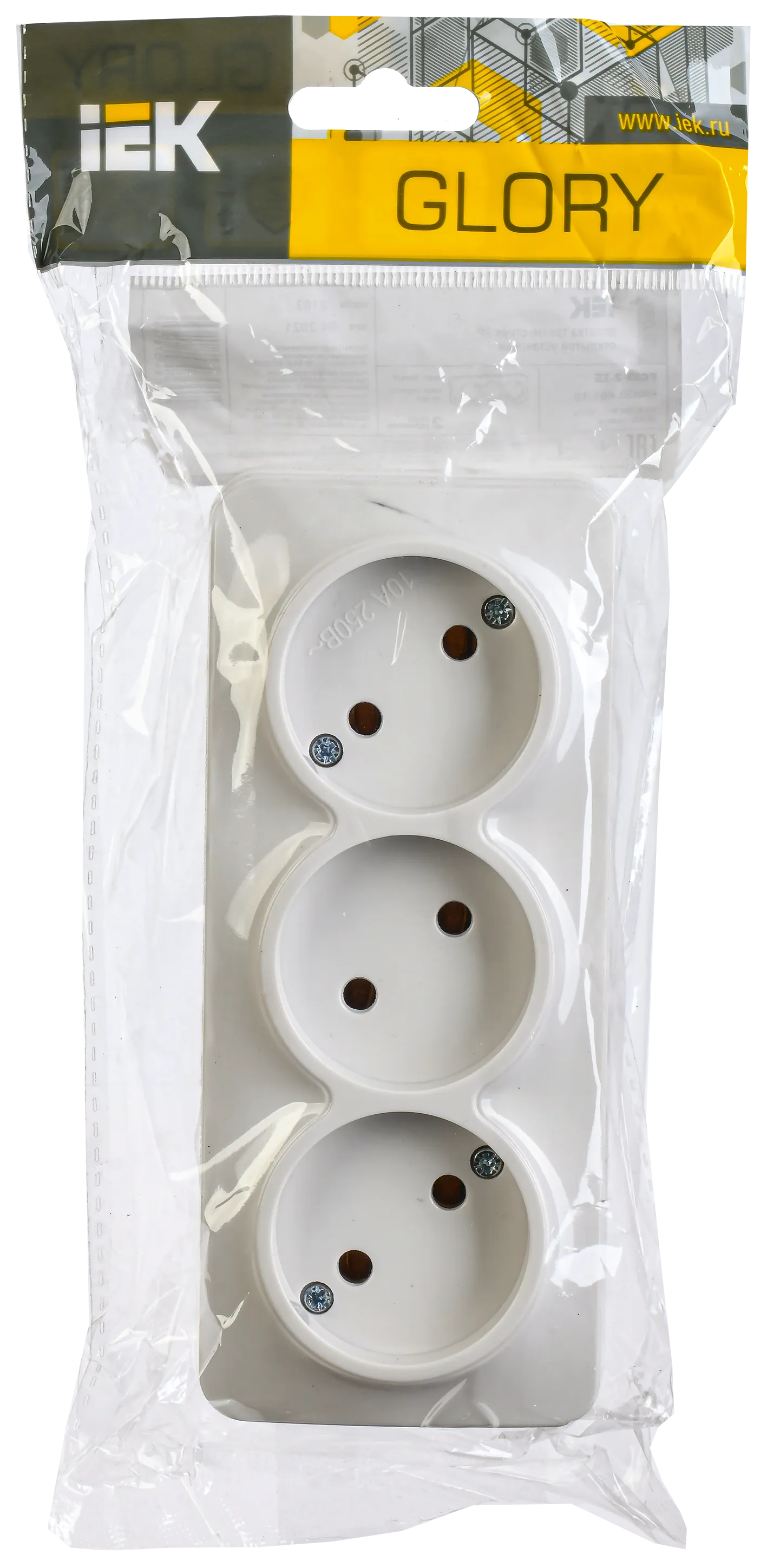 GLORY Розетка 3-местная для открытой установки без заземления без защитных шторок 10А РС23-2-ХБ белый IEK - Фото 2