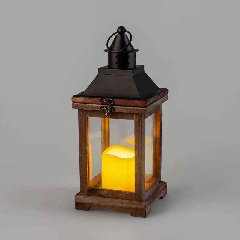 Декоративный фонарь со свечкой, корпус из дерева, размер 14х14х35cм, цвет теплый белый 513-075