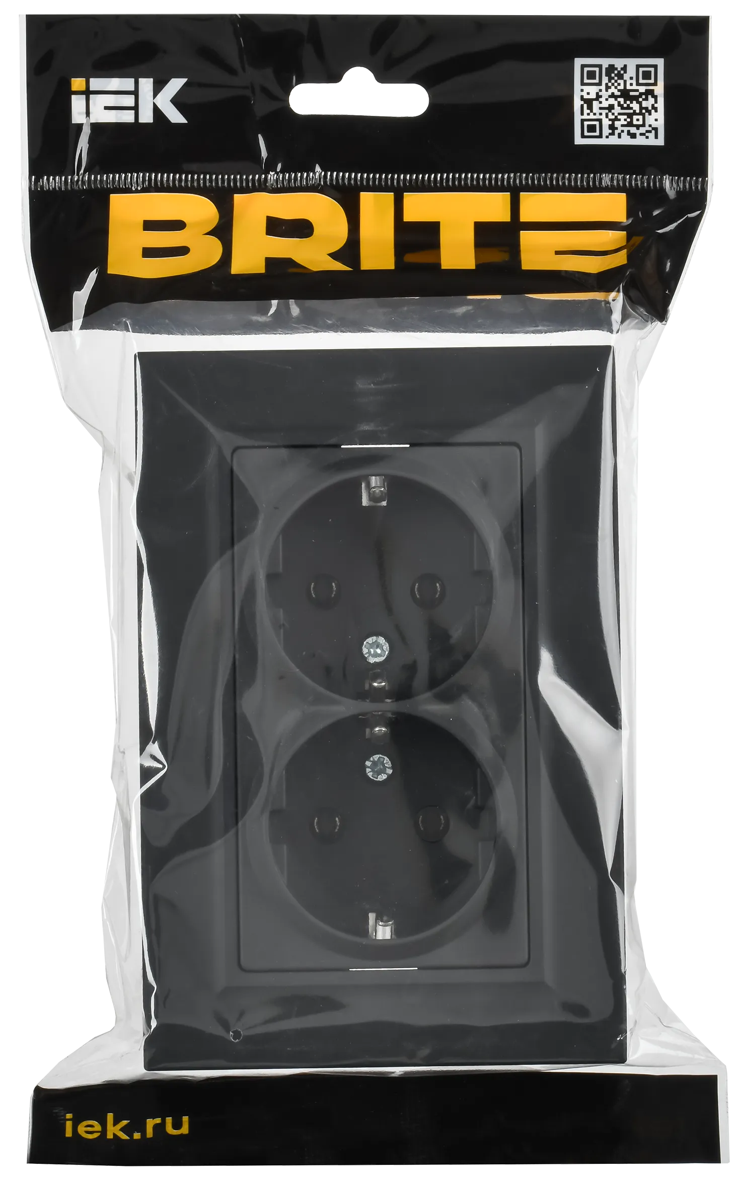 BRITE Розетка 2-местная с заземлением без защитных шторок плоская 16А в сборе РСПл12-3-БрГ графит IEK - Фото 2