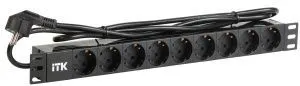 ITK PDU 9 розеток DIN49440 (нем. станд.) 1U, шнур 2м вилка DIN49441 (нем. станд.), профиль из ПВХ, черный PH22-9D1-P